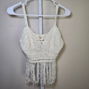 POL Crochet Fringe Crop  Sleeveless BohemianFestival SummerBeach Top Ladies sz S